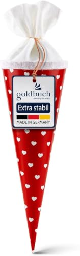 goldbuch 93 012 Geschwistertüte Herzen, Schultüte aus Lackarton mit Herzenmuster, Geschenkverpackung mit weißem Filzverschluss (ohne Verschlussband), Zuckertüte rund, Länge 35 cm, Ø 11,5 cm, Rot
