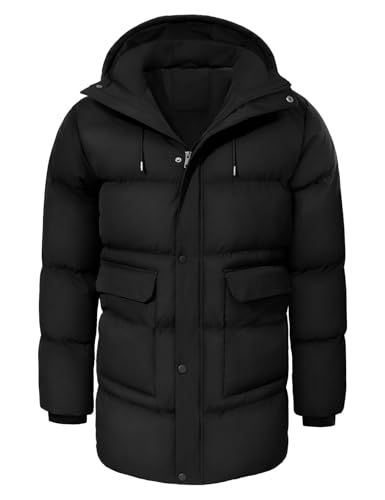 heekpek Herren Winterjacke Outdoor Parka Jacken Lang Männer Warme Winddicht Wasserabweisend Puffer wintermantel mit Kapuze, Schwarz, XL