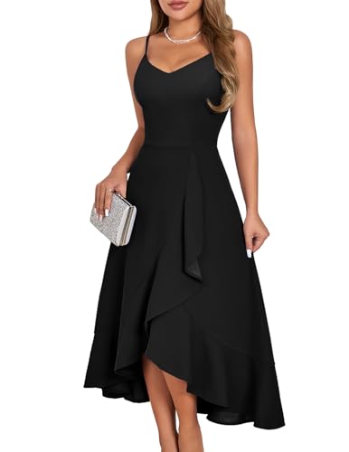 DRESSTELLS Schwarzes Kleid Damen Elegant Cocktailkleid Festlich Träger Hochtief Kleid für Hochzeit Knielang Schickes Damenkleider Abendkleid Kurz Black S