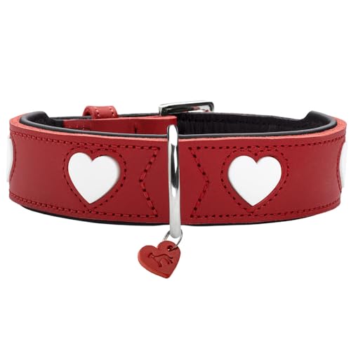 HUNTER Hundehalsband Love, Farbe: rot/schwarz, weiches, Robustes Rindsleder, einzeln eingenähte Herzen, handgefertigt, hoher, besonders anschmiegsam, Made in Germany, Größe 50