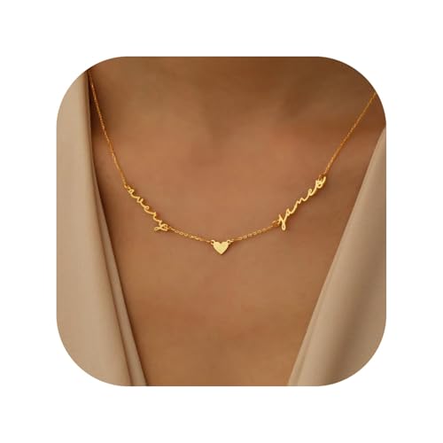 Kiddo Sky Personalisierte Namenskette mit Panzerkette, 18 Karat Vergoldet, Handgefertigt, Individuelles Familien-Halsband, Geschenk für Mama und Frau (2-Namen-Halskette mit Herz)