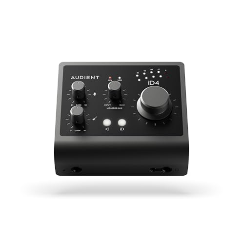 Audient Audiointerface iD4 MKII, Class A Konsolen Mikrofon-Vorverstärker (High Speed USB-C, Monitor Mix und Monitor Panning Funktion, 2 Kopfhörerausgänge, Mac/PC/iOS kompatibel), Schwarz, iD MKII
