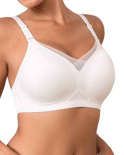 SHARICCA Damen BH ohne Bügel Push-Up Spitzen-BH Nahtloser T-Shirt BH mit Vollbügel Weicher Wireless Bralette Atmungsaktiv für Alltag Schlaf,Weiß,XL