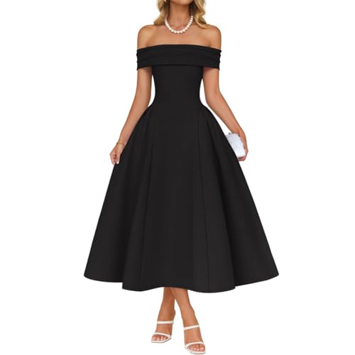 AOWVUTS Cocktailkleid Damen Sexy Schulterfrei Maxikleid Elegant Swing Rockabilly Hochzeit Abendkleid Vintage Festlich A-Linie Lang Ballkleid Partykleid Abschlusskleid Sommerkleid
