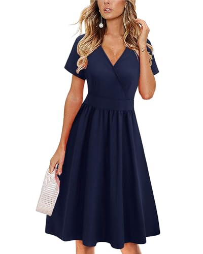 VOTEPRETTY Sommerkleid Damen Knielang Kleid Kurzarm V Ausschnitt Wickelkleid Blumen Midikleid mit Taschen(Marine,M)