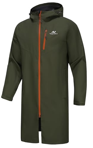 Regenjacke für Herren, wasserdicht, atmungsaktiv, langer Regenmantel mit Kapuze, Netzfutter, Windbreaker für Outdoor-Aktivitäten (DE/NL/SE/PL, Alphanumerisch, L, Regular, Regular, Army Green)
