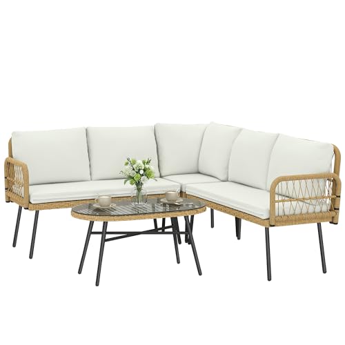 Outsunny Polyrattan Gartenmöbel Set 4-teilig, Lounge Set mit Ecksofa Zweisitzersofa Glastisch abnehmbar Kissen, Rattan Sitzgruppe bis 5 Personen, Lounge Möbel für Garten Terrasse Balkon Cremeweiß