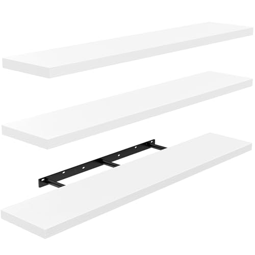 STOREMIC 90cm L Wandregal, 3-teiliges Schweberegal-Set für Bad-/Wohn-/Schlafzimmer/Küche, weißes Wandregal Holz für Wanddekoration mit unsichtbaren Halterungen, 90 x 17 x 3cm