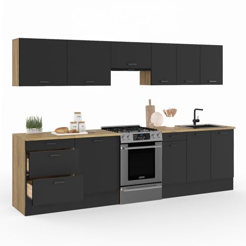 IDMarket - Komplette Küche Fronteinsatz 300 cm SUBTIL mit Arbeitsplatte 9 Elemente Holz und Schwarz