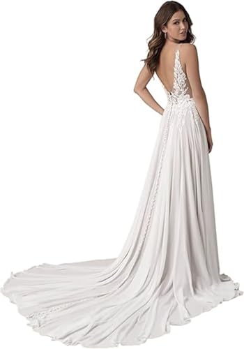 HUINI Damen Lang Brautkleid Hochzeitskleid Standesamt Boho Vintage Strand Brautmode Brautkleider mit Schleppe C-Weiß 56