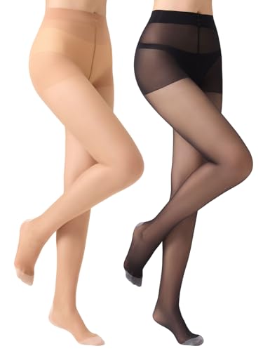 Yilanmy Damen Strumpfhosen Seiden 10 DEN Transparent Reißfest NylonStrumpfhosen Rutschfester Innensohle Strumpfhosen Schwarz Hautfarben Feinstrumpfhose 2 Paar (Schwarz*1+Hautfarbe*1, L-XL)