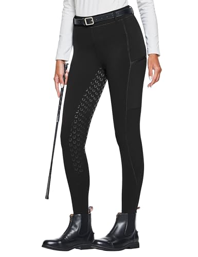 FitsT4 Sports Damen Winterreitleggings Fleece-Reithose Silikon Vollbesatz Reithose mit Reißverschluss-Taschen und Gürtelschlaufen,Schwarz,S