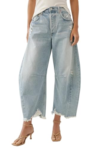 Allimy Damen-Jeans mit hoher Taille, Hufeisen, Baggy-Jeans, trendig 2026, mit rohem Saum, Nicht dehnbar, Hell, blau, 44