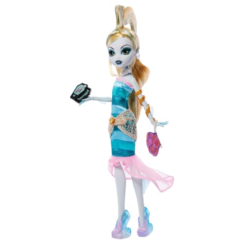 Monster High Dawn of the Dance Lagoona Blue Reproduktionspuppe | Boo-riginal Creeproduction Lagoona Blue mit Party-Kleid und Accessoires (Tasche, Fotos, Einladung, Puppenständer), JKM48