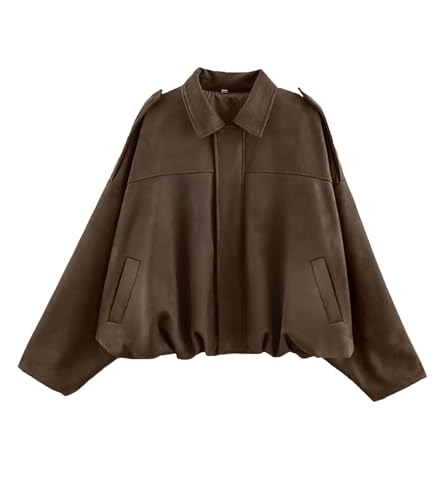 Bnigung Damen-Jacke aus Wildlederimitat im Bomberjackenstil, lässiges Revers, übergroße Motorradjacke, Braun, X-Klein