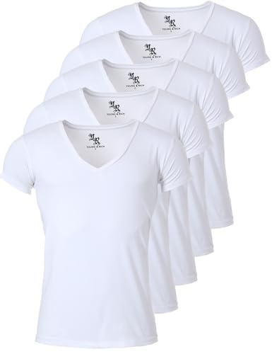 Young & Rich Herren Uni T-Shirt mit extra tiefem V-Ausschnitt Slimfit Stretch Dehnbare Passform einfarbiges Basic Shirt - 5er Pack, Grösse:S, Farbe:Weiß