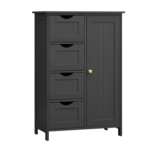 VASAGLE Badezimmerschrank, schmaler Badschrank, Beistellschrank, Kommode, mit 4 Schubladen, Schranktür, verstellbare Ablage, 30 x 55 x 82 cm, tintenschwarz LHC041B02