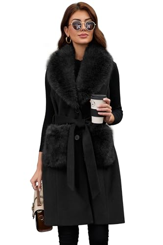 PAPILLON D'OR Lange Wollweste für Damen, mit Gürtel, abnehmbarem Kunstfellkragen, Taschen, Button-up, ärmelloser Mantel (DE/NL/SE/PL, Alpha, M, Regular, Regular, Schwarz)