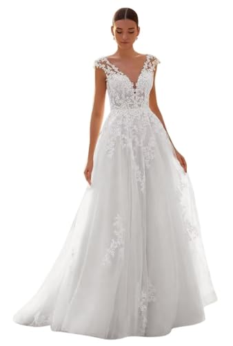 JAEDEN Brautkleider Damen Spitze Hochzeitskleid A-Linie Tüll Standesamt Kleid Weiß 40