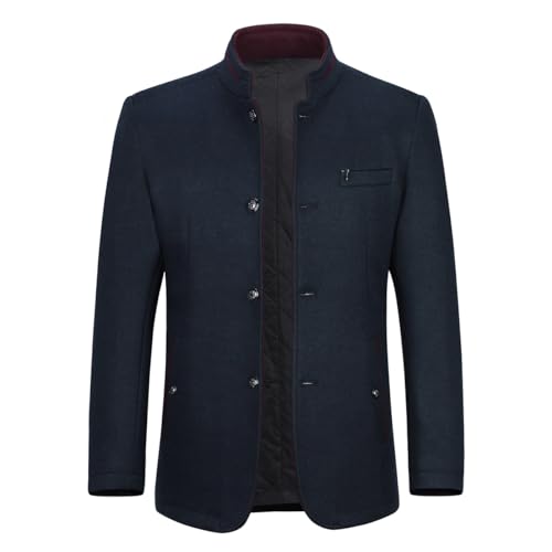 Allthemen Wintermantel Herren Kurzmantel Slim Fit Mantel mit Stehkragen Wolle Warm Wollmantel Business Freizeit Dunkelblau XL
