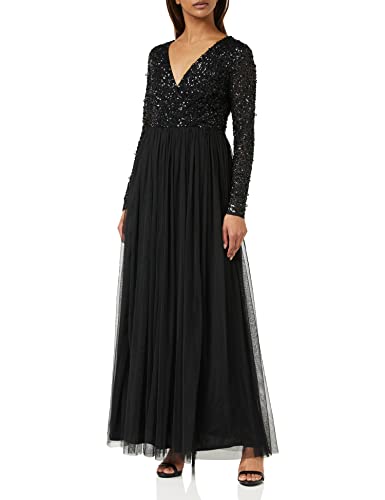 Maya Deluxe Damen Womens Ladies Sleeve for Wedding Guest V Neck High Empire Waist Maxi Long Length Evening Bridesmaid Prom Dress, Schwarz, 38 EU