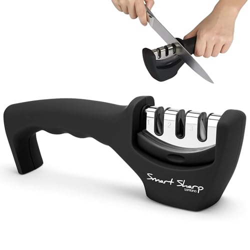 Messerschärfer - Smart Sharp von Lantana. Die erste Wahl zum Schärfen von Küchenmessern. Moderne, manuelle Funktionsweise mit 3 Stufen für professionelle Ergebnisse - Keramikstein, Wolframcarbid-Teller, Diamant-Schleifstein. Ergonomisch geformt mit edlem 
