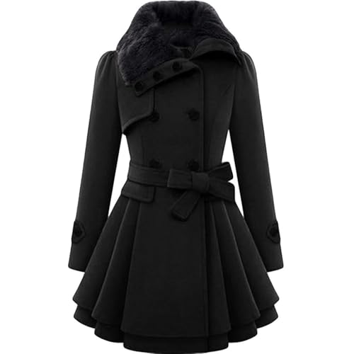JIAALU Damen Wintermantel Mittellanger Langarm Mantel Wollmischung Mantel Mit Faux Pelz Kragen Parka Warm Jacke Elegant Zweireihiger Trenchcoat Mantel