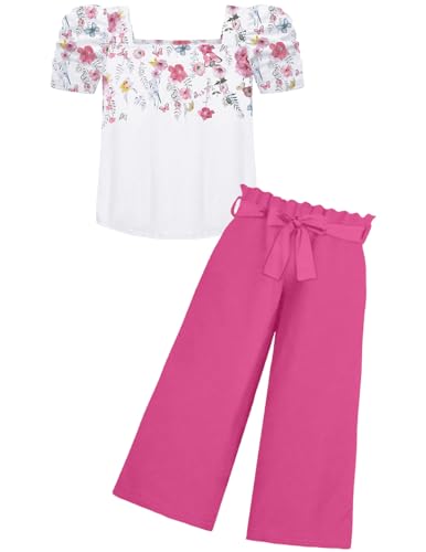 Arshiner Mädchen Tshirt mit Hose Set Kinder Mode Baumwolle Bekleidungssets Blasenärmeliges Oberteil mit Bedruckter Freizeithose Zweiteilig Outfits für Mädchen 5-6 Jahre 120