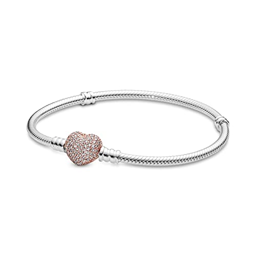 PANDORA Pavé-Herz-Verschluss Schlangen-Gliederarmband mit Sterling-Silber und 14 Karat rosévergoldete Metalllegierung, Cubic Zirkonia Steinen aus der PANDORA Moments Collection, 18cm
