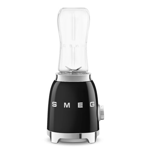 Smeg, Personal Blender PBF01BLEU, 2 Geschwindigkeitsstufen, Doppelklinge aus Edelstahl, 2 x 600 ml Flaschen inklusive, rutschfester Standfuß, integrierte Kabelaufwicklung, 300W, Schwarz