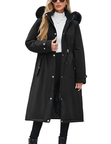 CMTOP Wintermantel Damen Lang Wasserabweisend Winddicht Mantel Damen, Fleece Gefüttert Warmer Winterjacke Elastischer Bund Winterparka Dicke Coat mit Abnehmbarer Kapuze und Taschen(Schwarz,L)