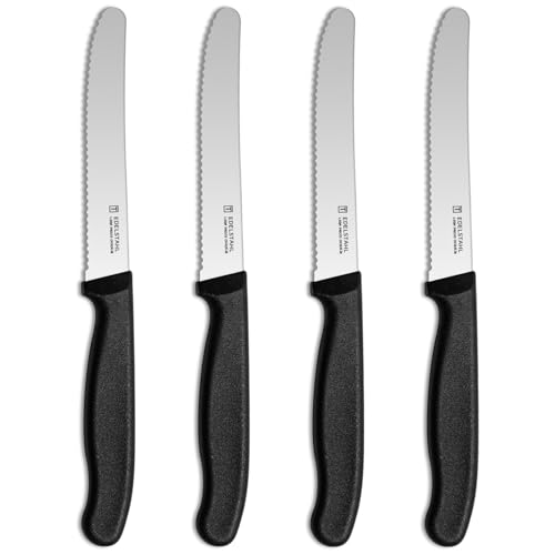 targzier Frühstücksmesser 4 Stück,Hochwertiges Brötchenmesser Set,Scharfe Messer mit Wellenschliff,Edelstahl Schneidemesser,Kunststoffgriff Tomatenmesser,Schwarzes Messerset