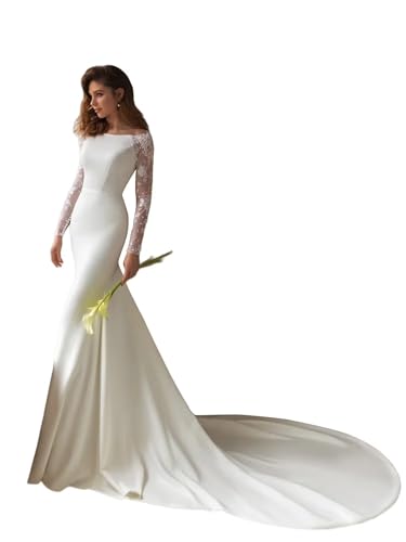 ZOOYYUE Brautkleid Prinzessin Glitzer,Meerjungfrau Spitzenapplikationen 2026 Boho Strand Brautkleider Langarm Hochzeitskleid Mit Zug Weiß 42