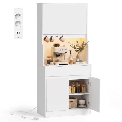 YOUDENOVA Küchenschrank Sideboard mit LED & Steckdose, Weiß