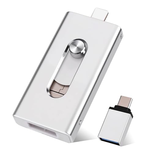USB Stick 128GB für iPhone, MFi Zertifiziert 4-in-1 Speicherstick für iPhone/iPad/Android/PC, USB C & L OTG Flash Drive, Plug & Play Backup für Fotos & Videos, Silber (128GB)