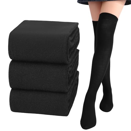 Utensilsto 3 Paar Kniestrümpfe,Schwarz Overknees Strümpfe Damen Überknie Socken 45 CM Lange Stiefelstrümpfe für Kurze Röcke