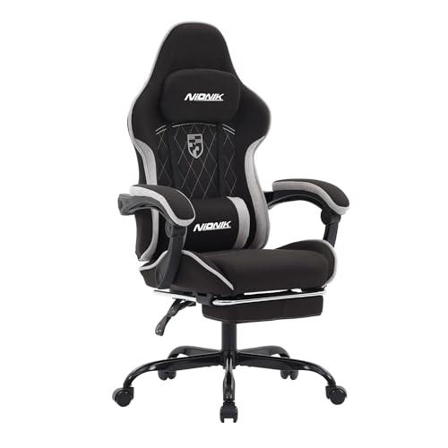 NIONIK Gaming Stuhl, Racing Gaming Chair mit Fußstütze Ergonomischer Gaming-Stuhl Kopfstütze Verstellbarer Computerstuhl Höhenverstellbar Lendenwirbelstütze für Homeoffice und Gaming BlackGrey