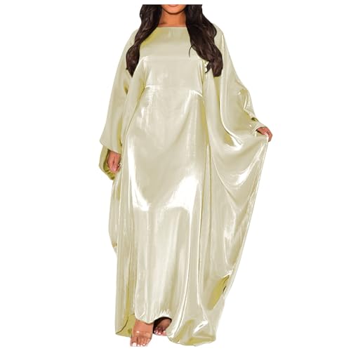 Sommerkleid Damen Kleid Frauen Sommer Batwing Ärmel Satin Abaya Islam Muslim Maxi Kleid Kaftan (Beige, One Size)