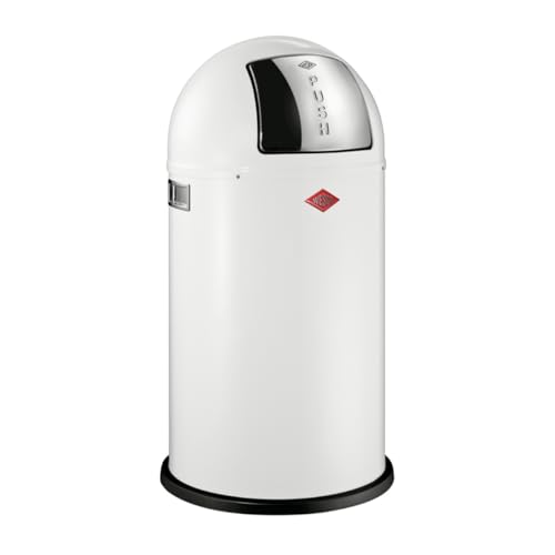 Wesco Pushboy Mülleimer in der Farbe weiß, pulverbeschichtetes Stahlblech, 50 Liter Volumen, große Edelstahlklappe, herausnehmbarer Innenbehälter