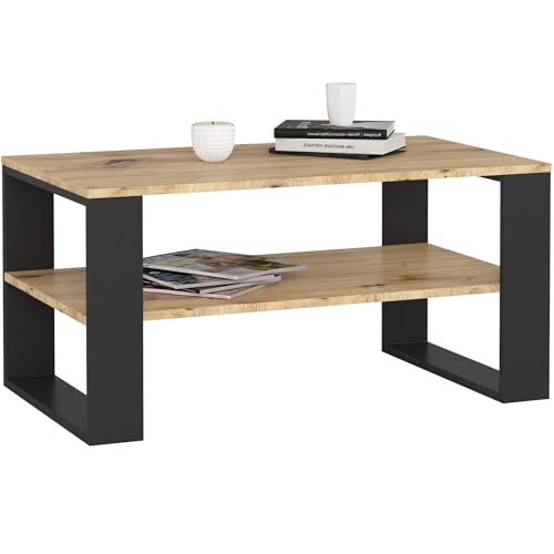 AKORD Couchtisch Holz Alex mit einem Regal, 92x45x53cm, Für Wohnzimmer, Schlafzimmer Schrank, Minimalistisch Modernes Design, Schichtstoffplatte 16mm, Farbe Artisan-Eiche & Schwarz