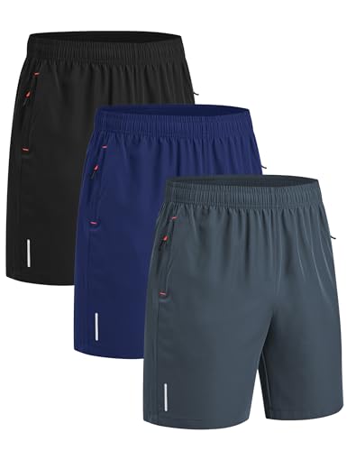 kuzwufs Kurze Jogginghose Herren Sommer Trainingshose Atmungsaktive Sport Shorts Leicht Laufshorts Schnell Trocknend Kurze Running Hose Mit Reißverschlusstasch Hose Männer-Schwarz/Grau/Navy-M