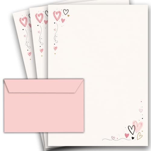 20 Briefpapier 10 Briefumschlag Set edel in Weiß Rosa mit Herzchen bedruckt 2 seitig A4 120 g/m² c6 80 g/m² Blatt mit Umschlägen Kuvert Herzen (20 Briefpapier MIT 10 Umschlägen)