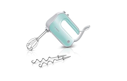 Bosch Handrührgerät, 2 Rührbesen, 2 Edelstahl-Knethaken, spülmaschinenfest, 5 Stufen plus Turbostufe, leicht, 500 W, farbig, türkis/silber, MFQ40302