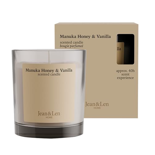 Jean & Len Scented Candle Manuka Honey & Vanilla, hergestellt mit Sheabutter, Brenndauer ca. 40 Stunden, minimalistisches Design, sinnlicher Duft, vegan, 195 g