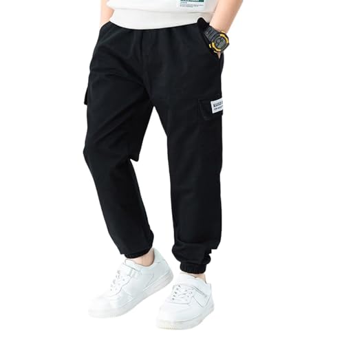 Gemzon Jungen Cargo Hose Baumwollhose für Kinder Kinderhose Jungshose Mittelhoch mit Gummizug Schwarz DE: 128 (Herstellergröße 130)