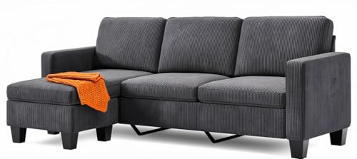 Xbro Ecksofa L-Form 3-Sitzer mit beweglichem Fußhocker, kleines Ecksofa aus weichem Cordstoff, 188 × 136,5 × 89 cm, Dunkelgrau