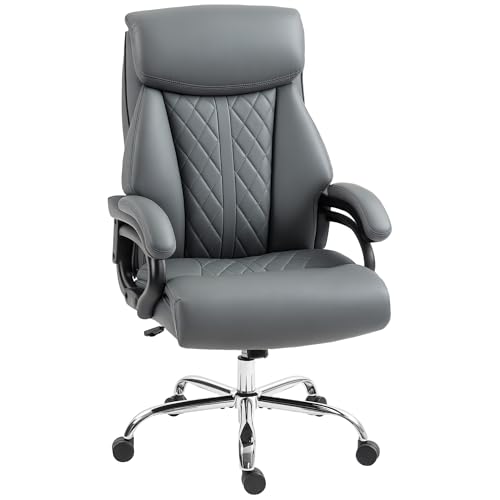 HOMCOM Bürostuhl Ergonomischer Chefsessel aus PU-Leder mit Hoher Rückenlehne, Wippfunktion Höhenverstellbarer Gepolsterter Computerstuhl mit Kopfstütze, Drehbaren Rädern, Anthrazitgrau
