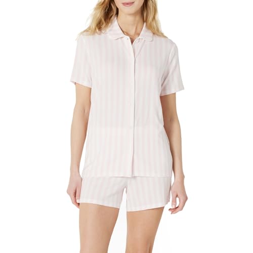 Amazon Essentials x Sofia Grainge Damen Pyjama-Set, eng anliegend, mit kurzen Ärmeln, Blassrosa Kühner Streifen, M