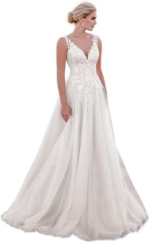 IUYRESX Hochzeitskleid Weiß Damen Spitze Brautkleider Lang Hochzeitskleider Boho Standesamtkleider Brautmode Elfenbein 58