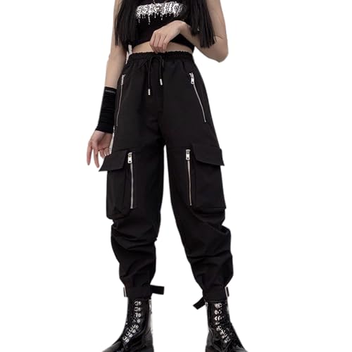 MEINVQIAOTI Schwarze Cargohose für Damen, lose gekettelte Hose, mehrere Taschen, mehrere Reißverschlüsse, Punk-Gothic-Hose, Schwarz, XX-Large